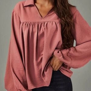 Redwood brown pink bishop long sleeve collar V-neck oversized top blouse Sz S